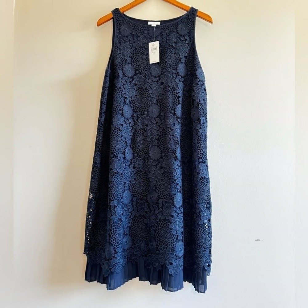 J. JIll New XLP Crochet Lace Shift Cocktail Dress Blue Pleated Chiffon Floral